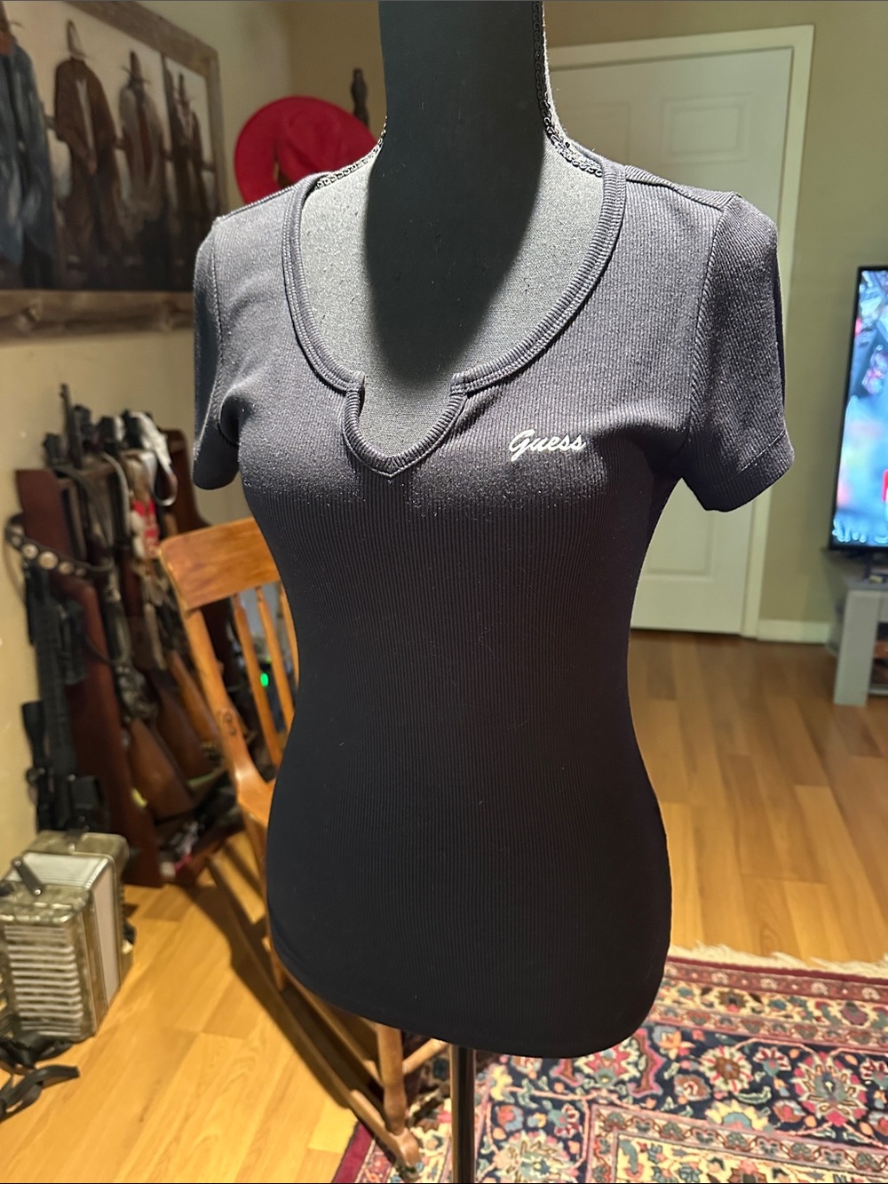 GUESS Black Ribbed Short Sleeve V-Notch Tee